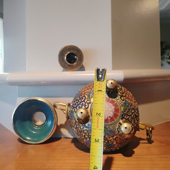 Vtg Large Chinese Cloisonné Brass Incense Burner Wood Stand Champleve Enamel - Picture 16 of 16